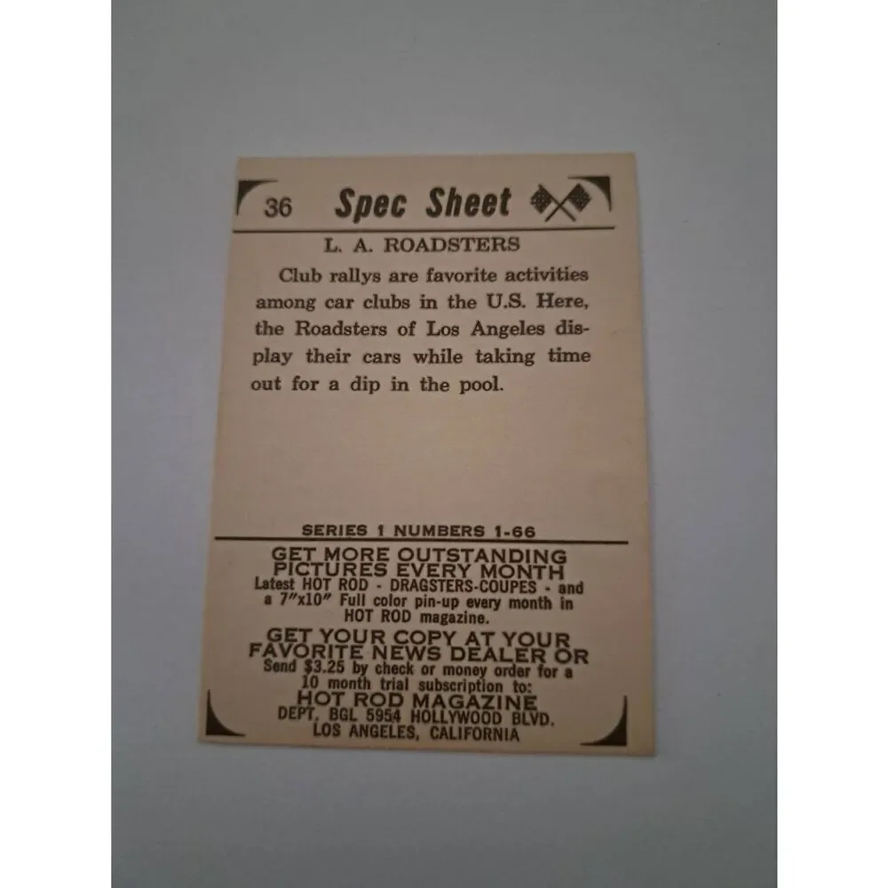 Vintage 1965 Hot Rod Magazine Spec Sheet Trading Card #36 LA Roadsters